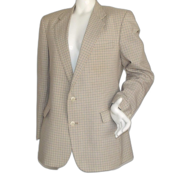 VINTAGE Plaid Blazer, 44, Haggar, Off-white/Tan/Gray, 2 buttons, Washable - Picture 3 of 13